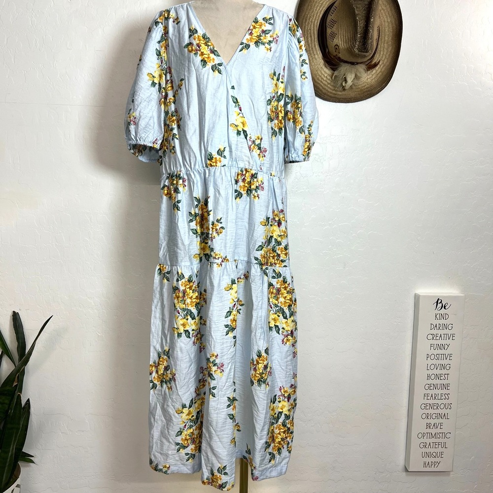 NWT A New Day Floral Tiered Maxi Dress sz L Blue Yellow Pockets cottagecore